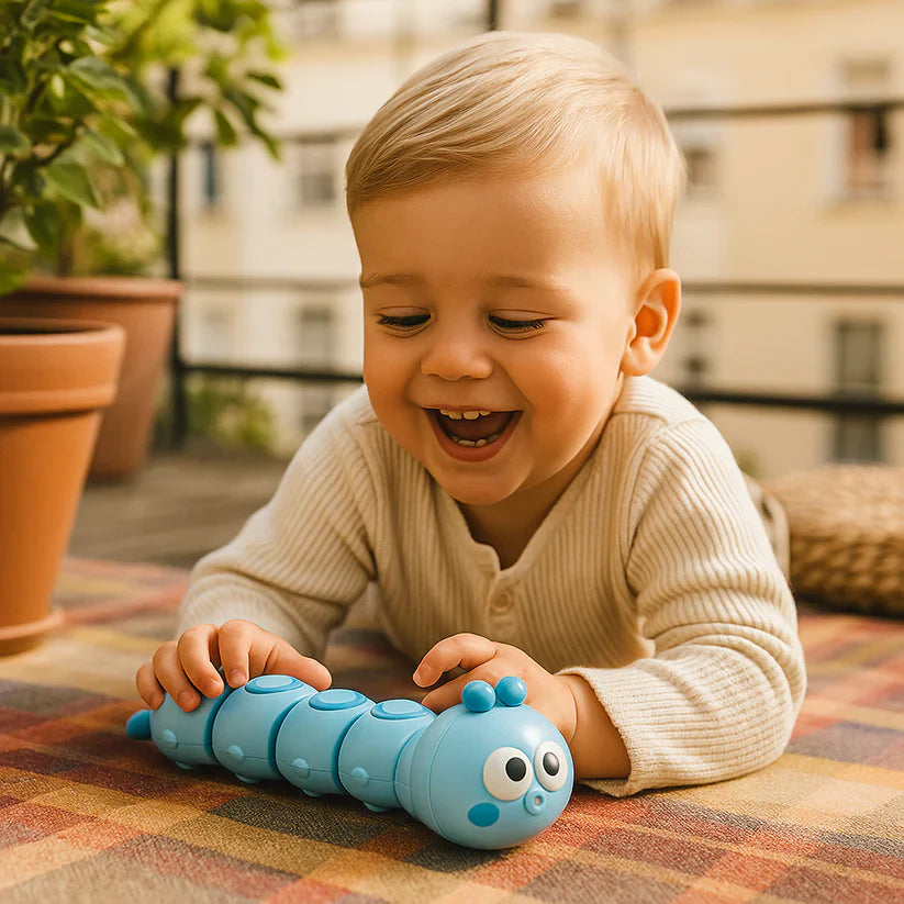 Brinquedo de lagarta de corda para crianças – ajuda na posição de barriga para baixo e nos primeiros movimentos de gatinhar